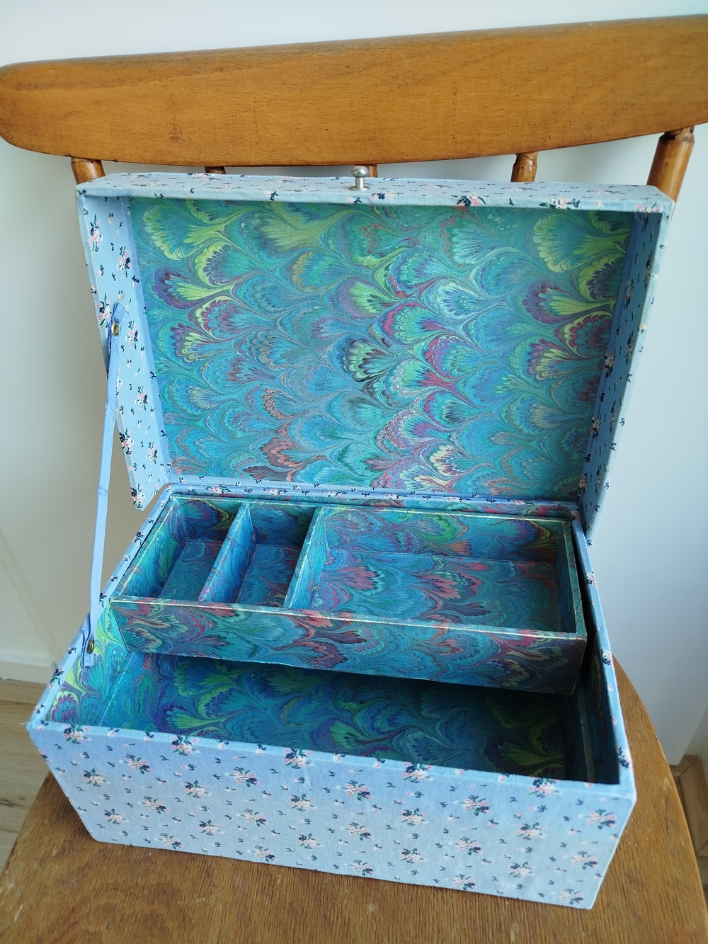 Rare Vintage Blue Patterned Floral Fabric Jewelry and Storage Box